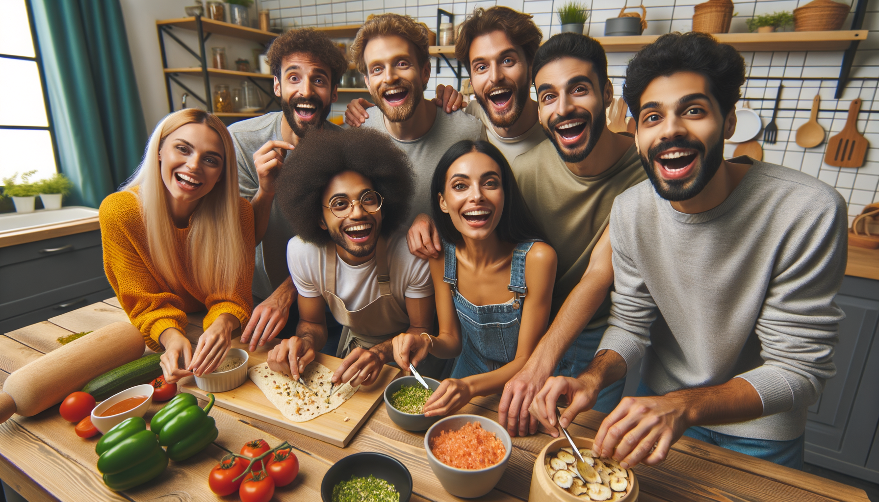 Amigos preparando un platillo inusual juntos