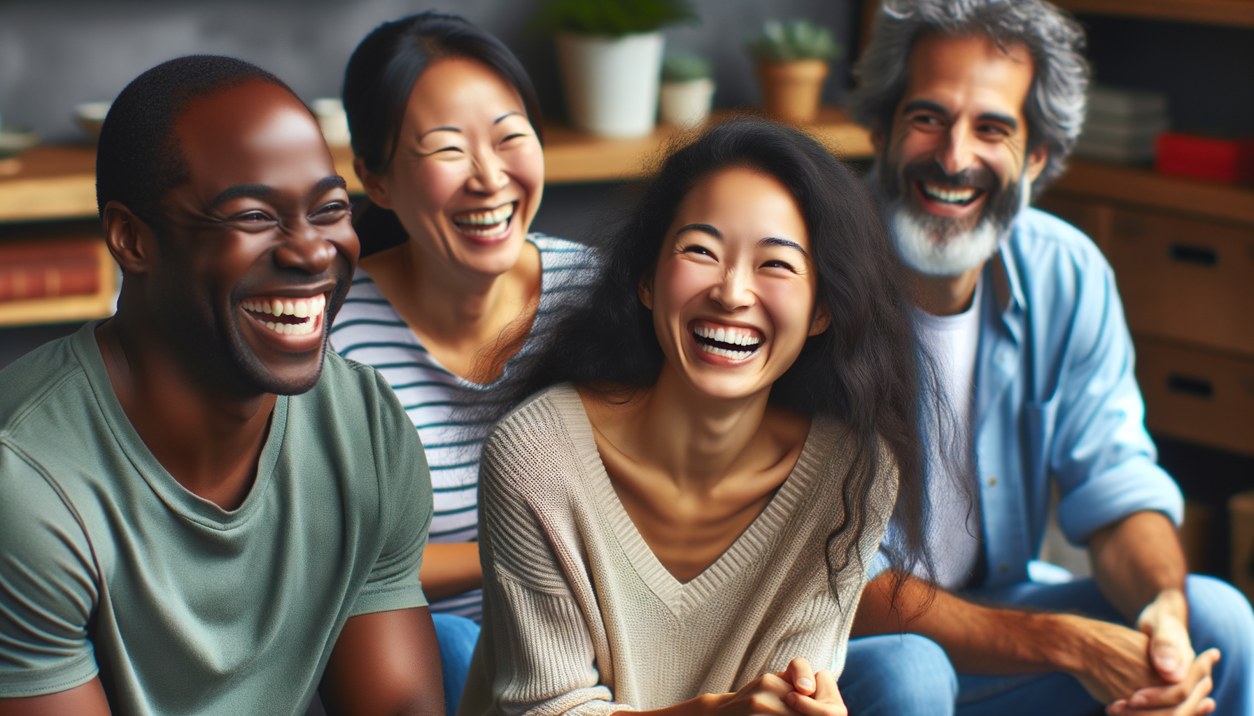 Grupo de amigos riendo y una persona sonriendo con suficiencia