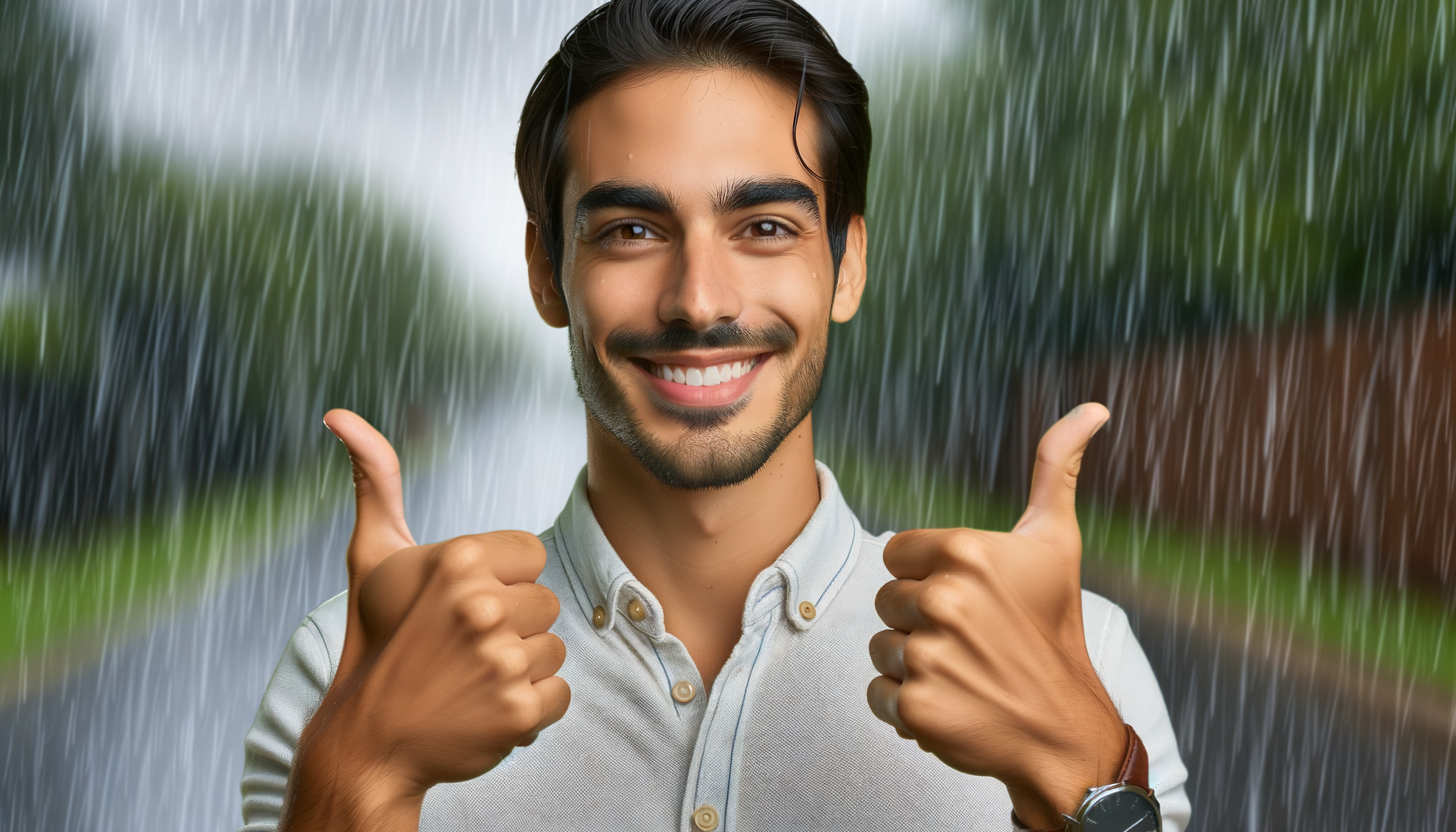 Persona feliz tomando una decisión fácil bajo la lluvia