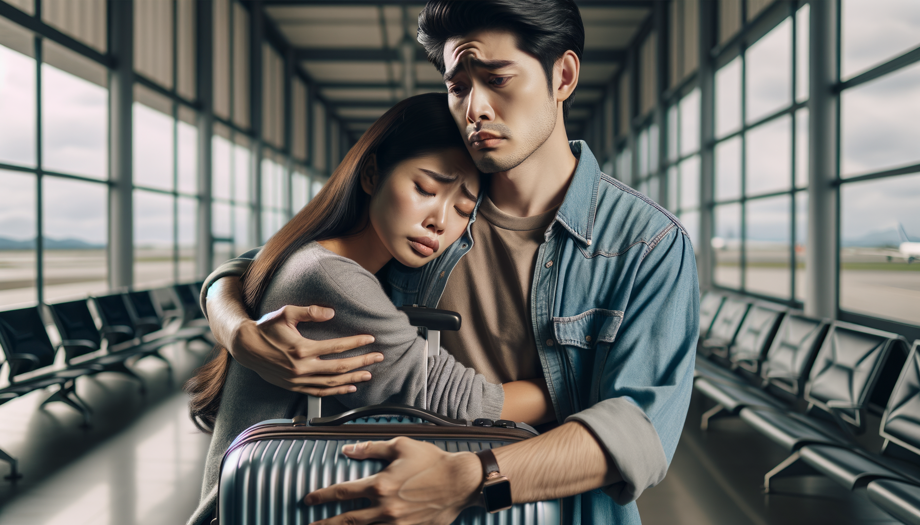 Adiós emotivo en aeropuerto con abrazo fuerte
