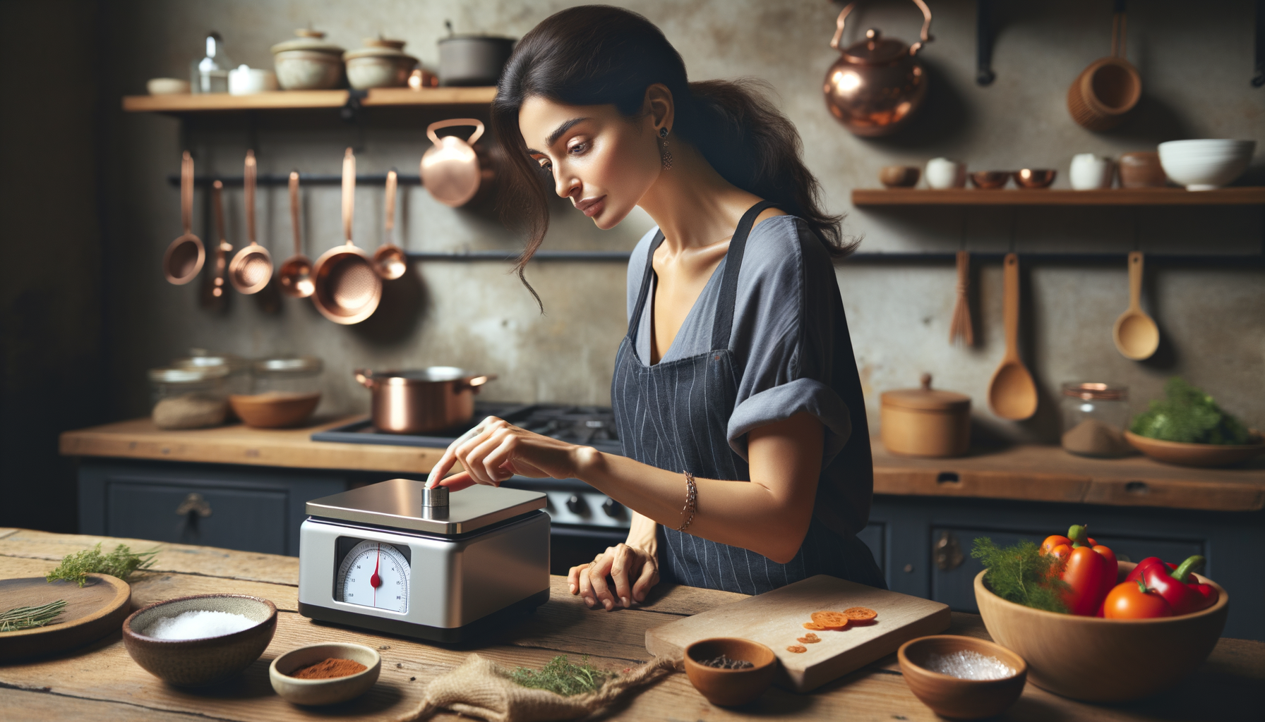 Persona ajustando una báscula digital en la cocina para asegurar medidas exactas