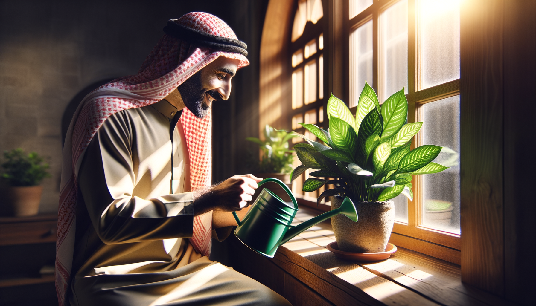 Persona cuidando una planta en casa