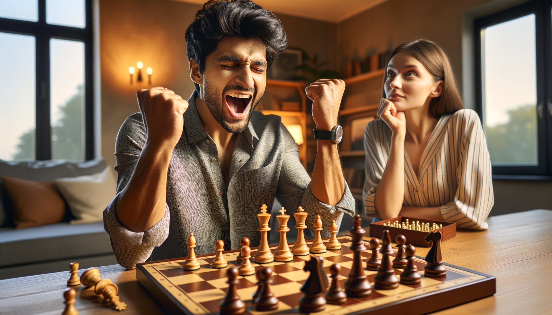 Persona celebrando victoria en una partida de ajedrez