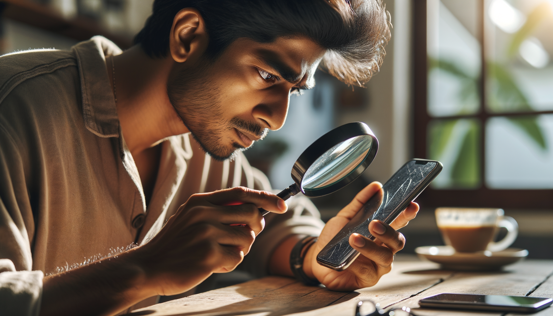 Persona examinando un teléfono usado minuciosamente