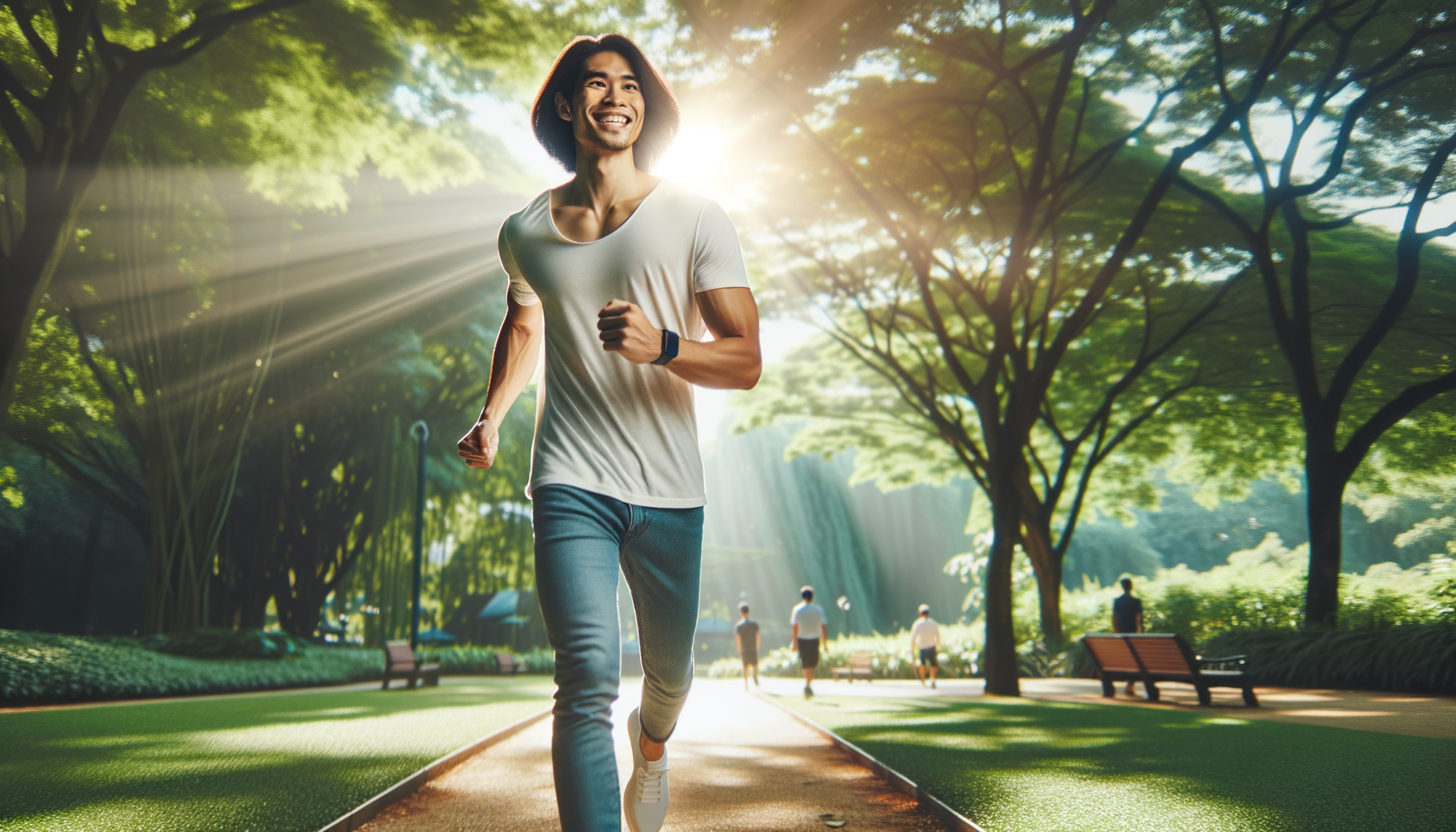 Persona caminando en un parque con confianza y energía