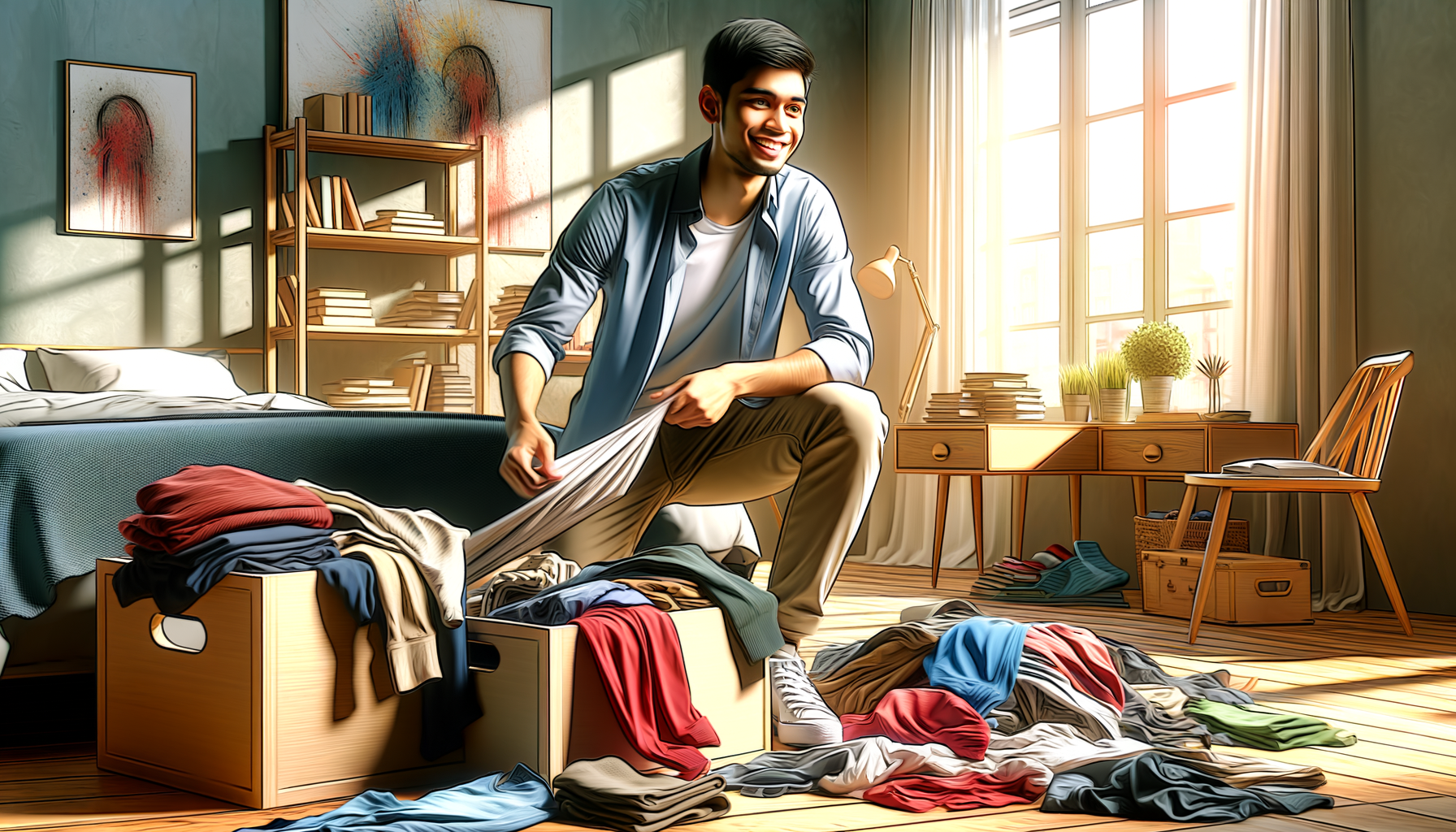 Persona organizando una habitación desordenada - sort out