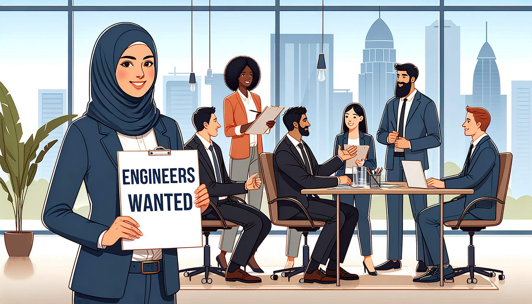 Oficina profesional donde una gerente anuncia reclutamiento de ingenieros, mostrando colaboración y proceso de contratación