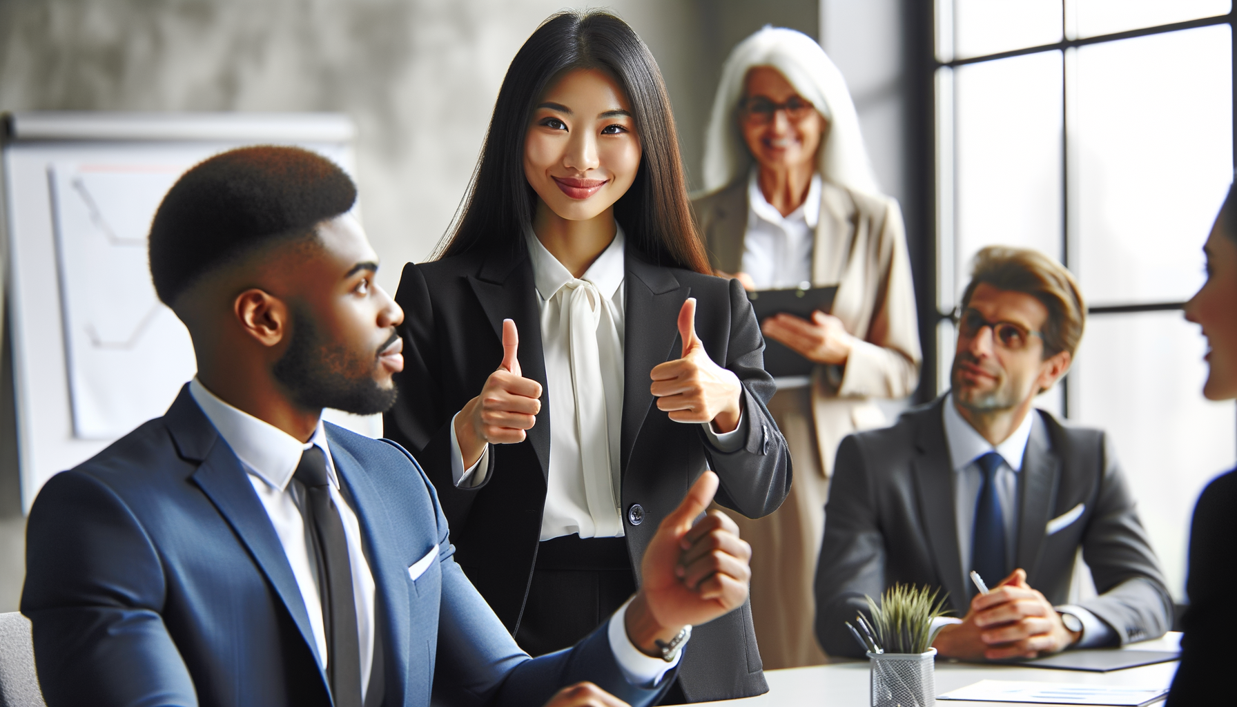 Reunión profesional donde el gerente felicita a un empleado