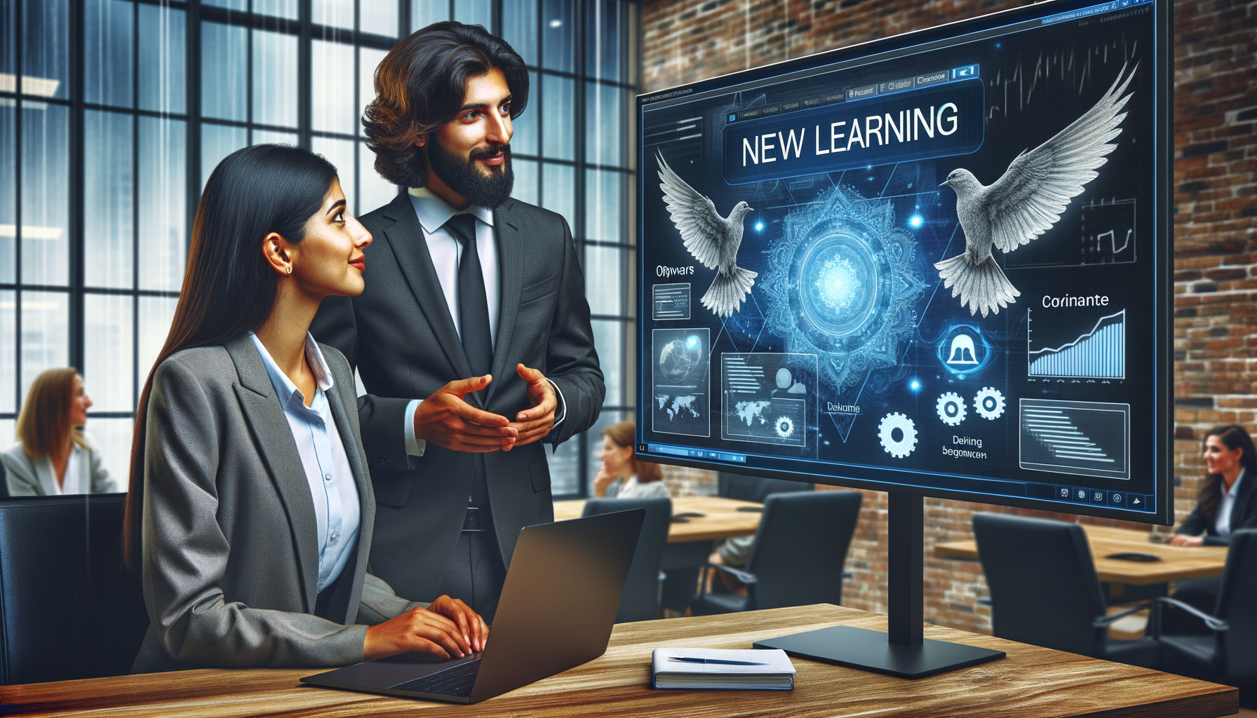 Oficina donde empleados aprenden nuevo software para adaptarse al trabajo