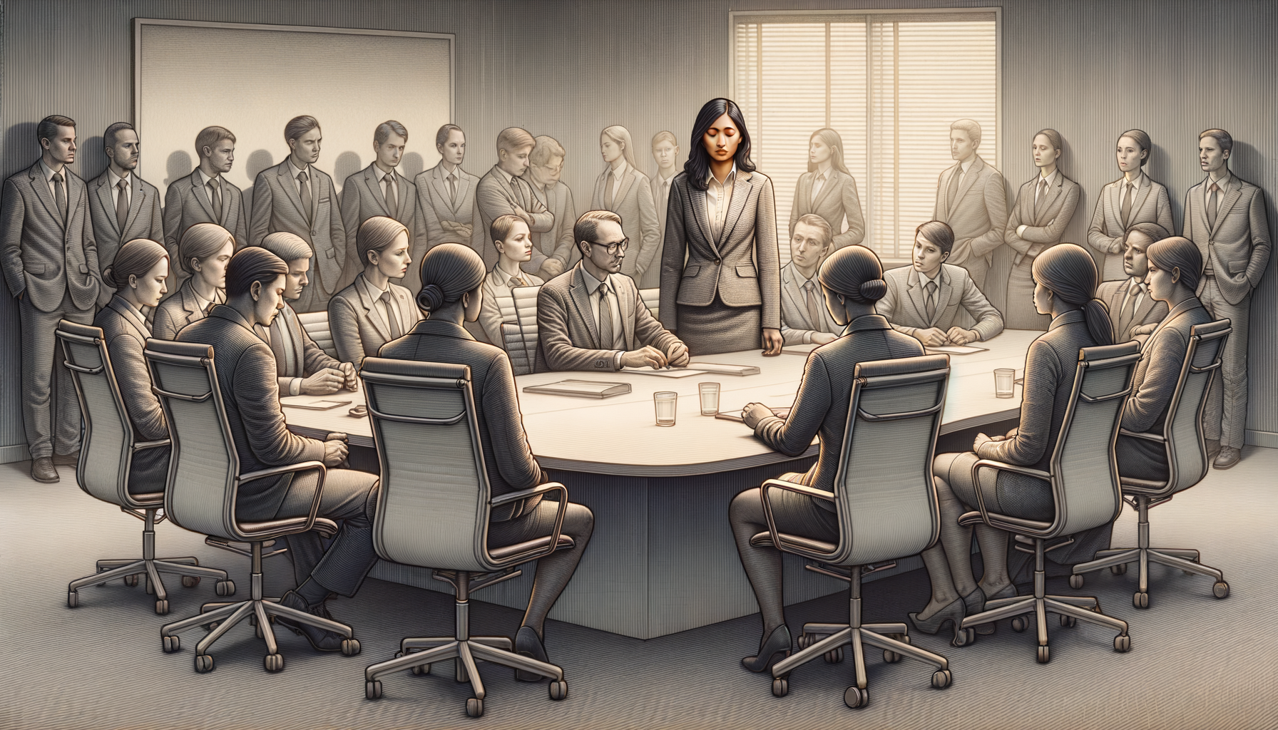 Compañeros en oficina averiguando la razón del silencio de una colega en reunión