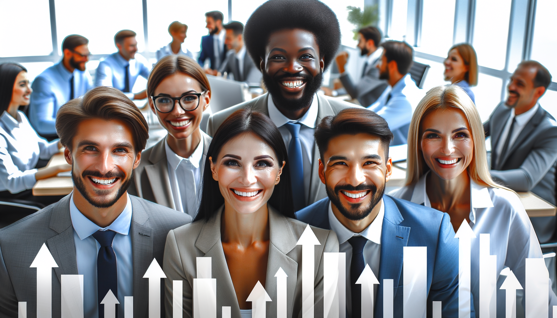 Equipo profesional celebrando éxito con gráficos de crecimiento