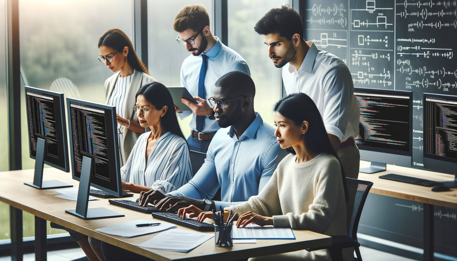 Equipo de profesionales en oficina ajustando configuraciones de software para precisión