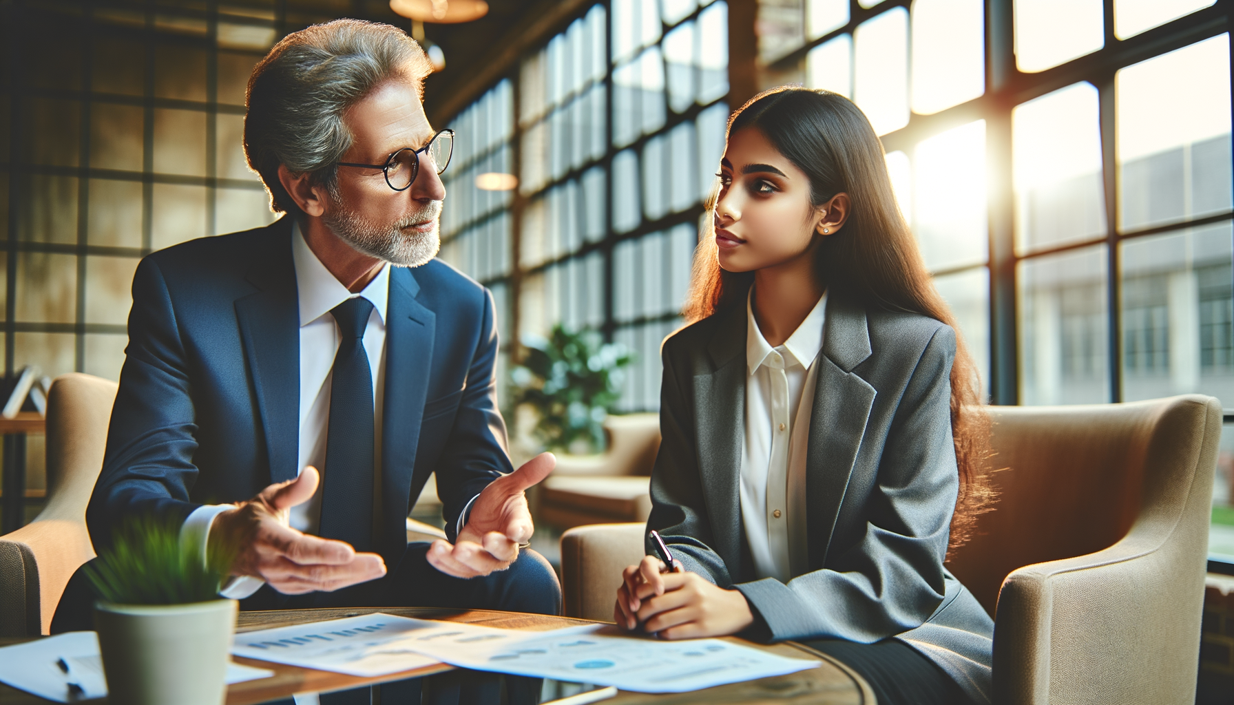 A thoughtful mentor showing guidance to a young professional at an office