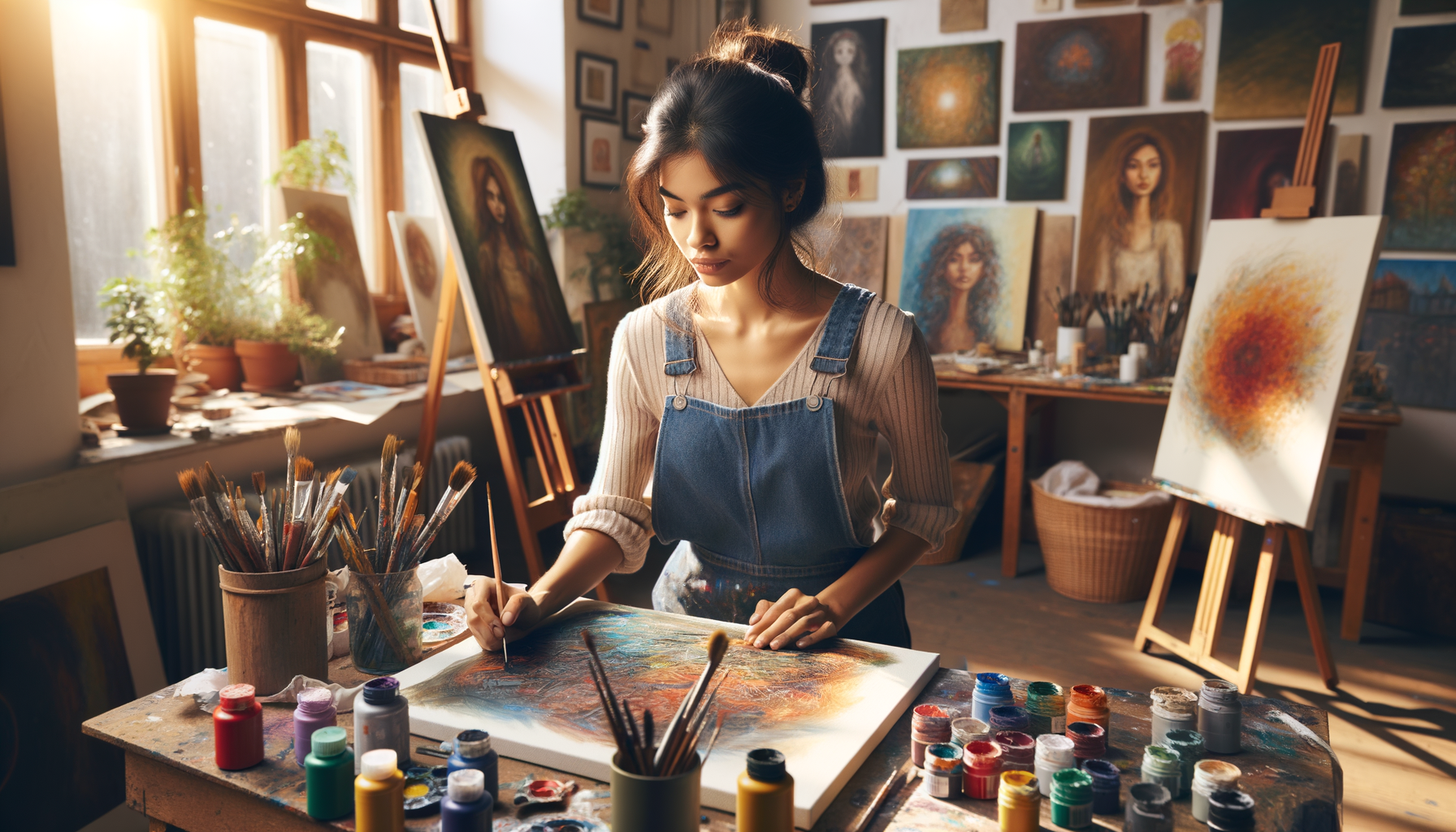 Joven artista pintando con confianza en un estudio luminoso