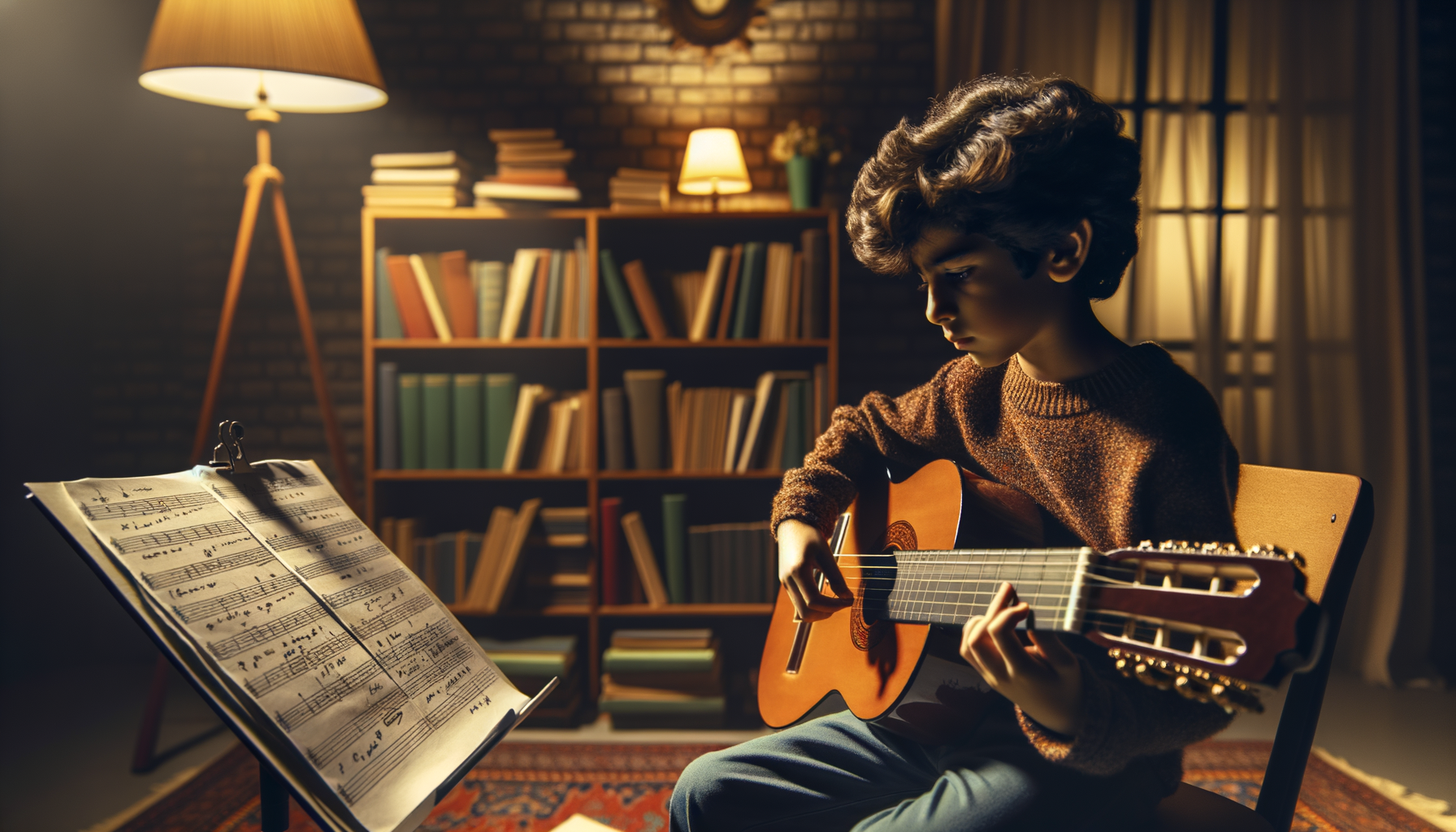 Persona joven practicando guitarra con dedicación