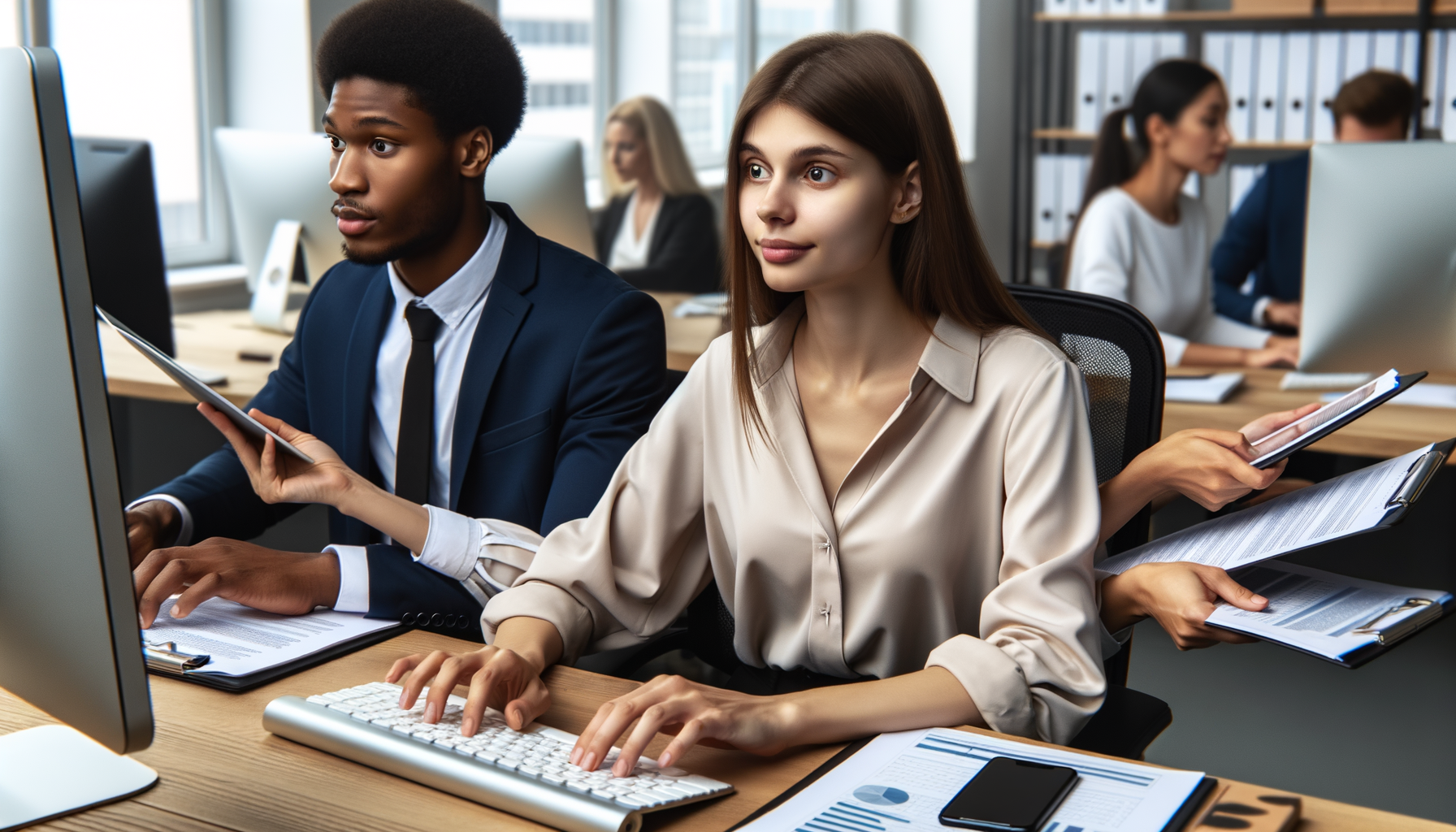 Profesional manejando tareas con facilidad en oficina