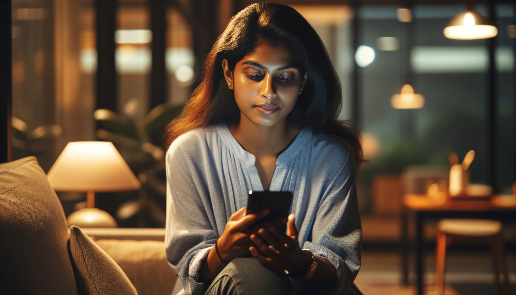 Mujer joven rechazando una invitación en inglés por teléfono