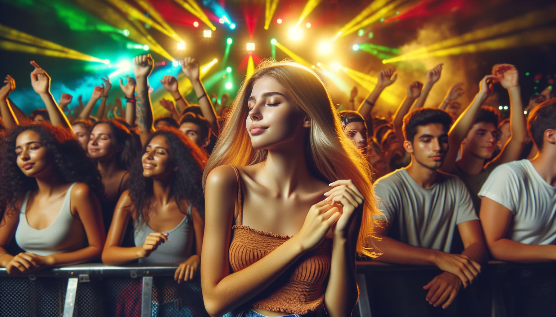 Mujer disfrutando un concierto y balanceándose con la música
