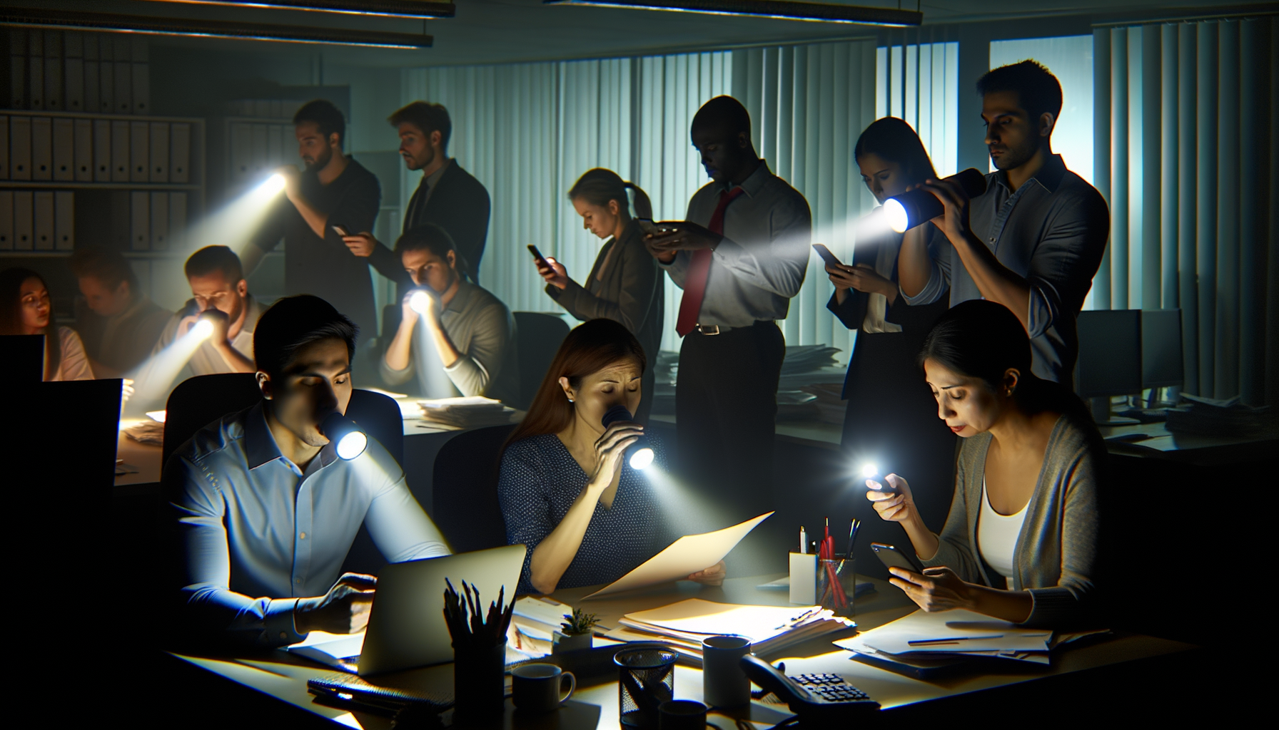 Oficina en oscuridad total durante un corte de luz