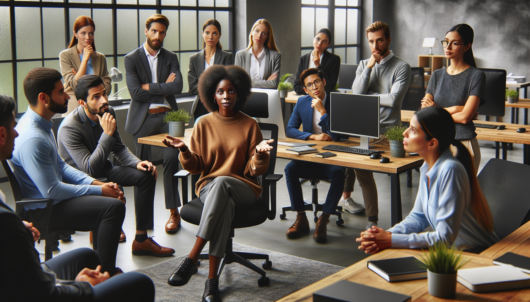 Compañera explicando solución en oficina