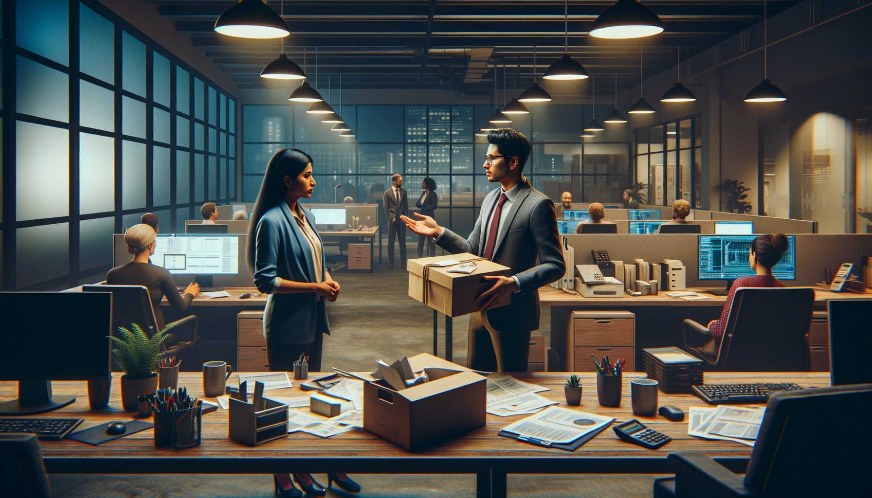 Escena de oficina con compañeros organizando la transferencia de un proyecto