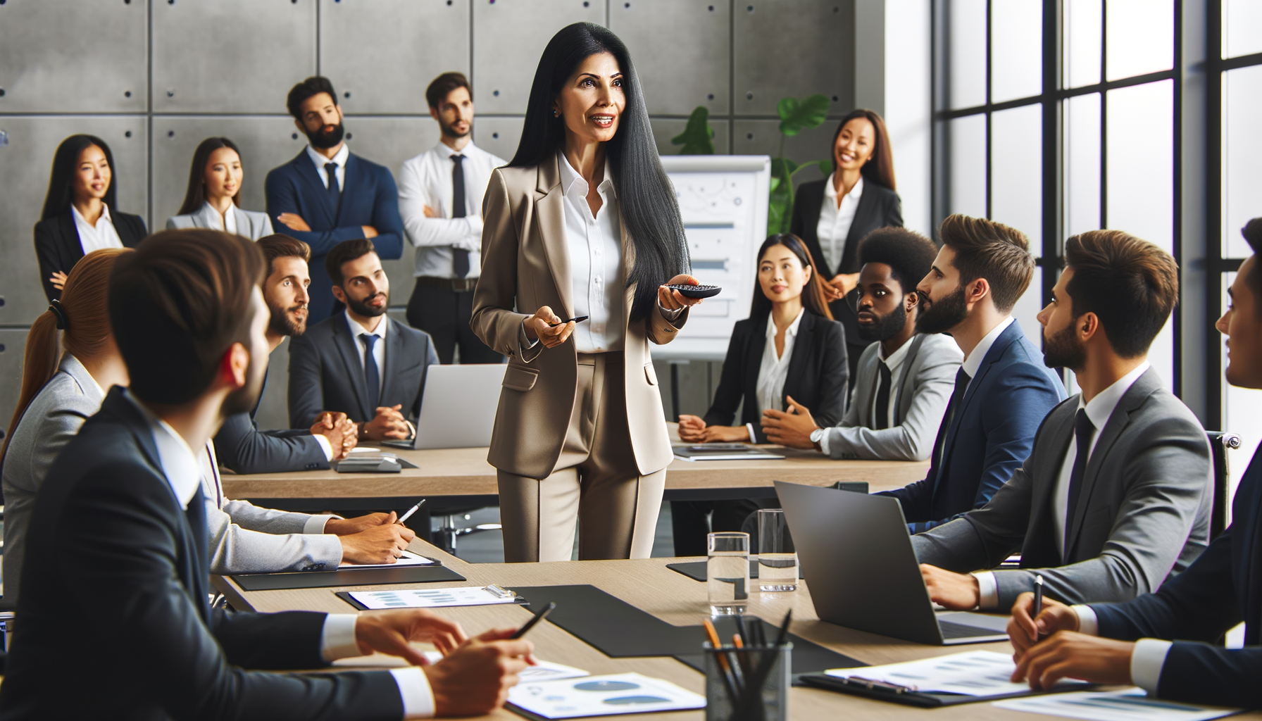 Gerente anunciando cancelación de reunión en oficina