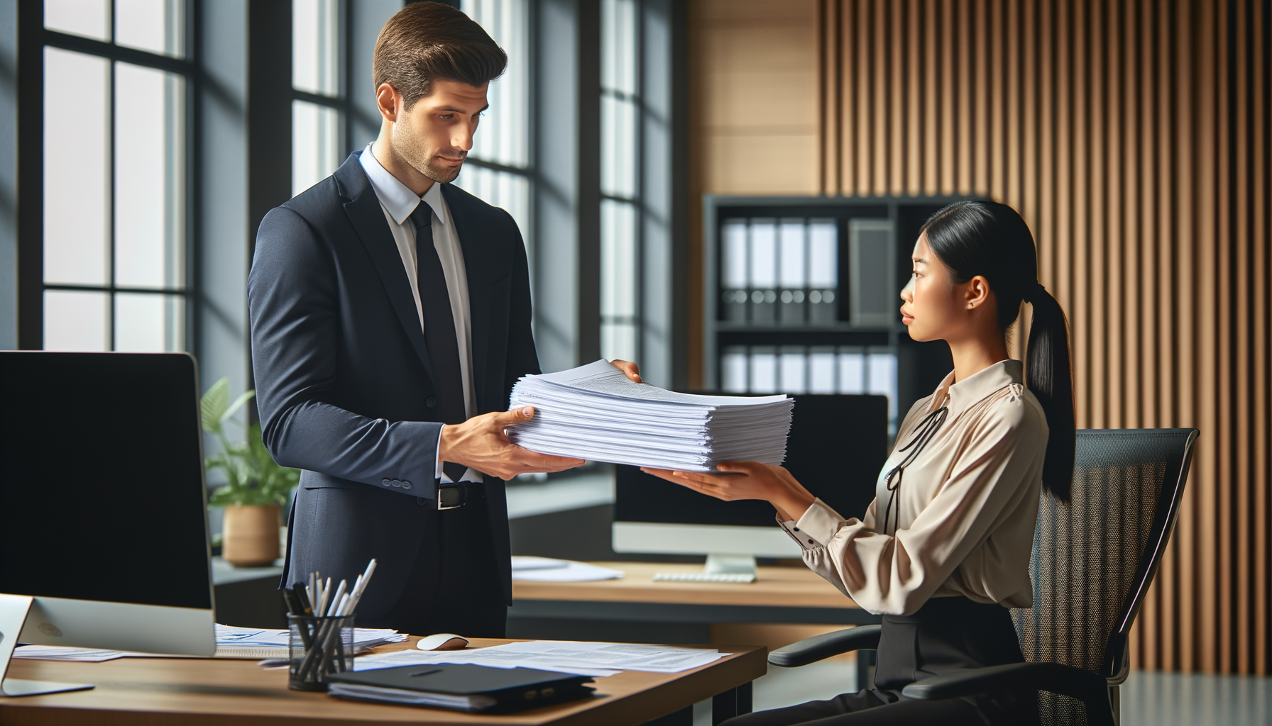 Escena de oficina donde un jefe pide acortar un reporte