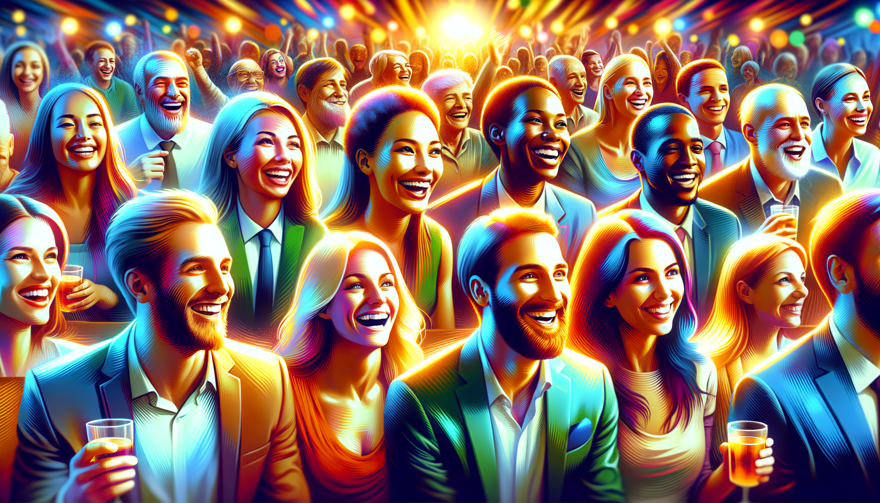 Ambiente social positivo donde las personas sonríen y la atmósfera es vibrante, simbolizando la elevación del ánimo