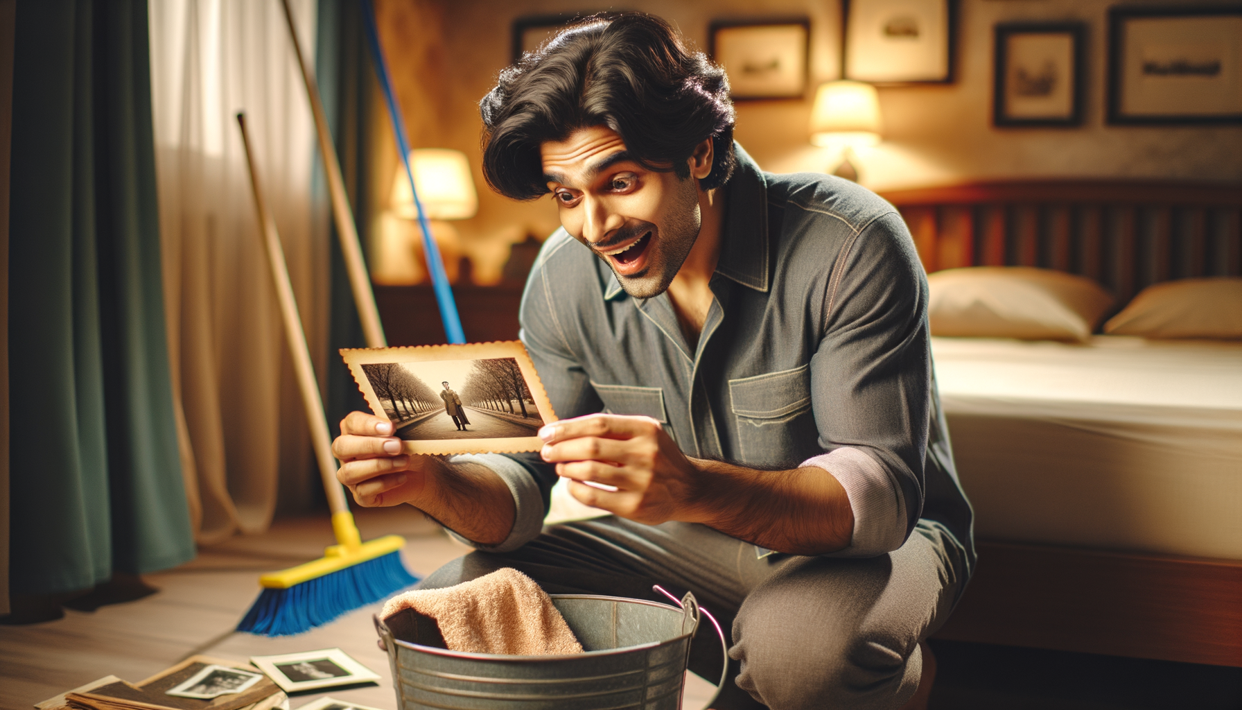 Persona encontrando una foto antigua mientras limpia su habitación