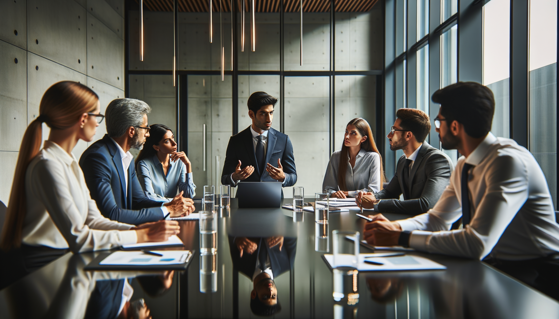 Reunión de trabajo donde una persona intenta expresar claramente sus ideas a un grupo de colegas atentos