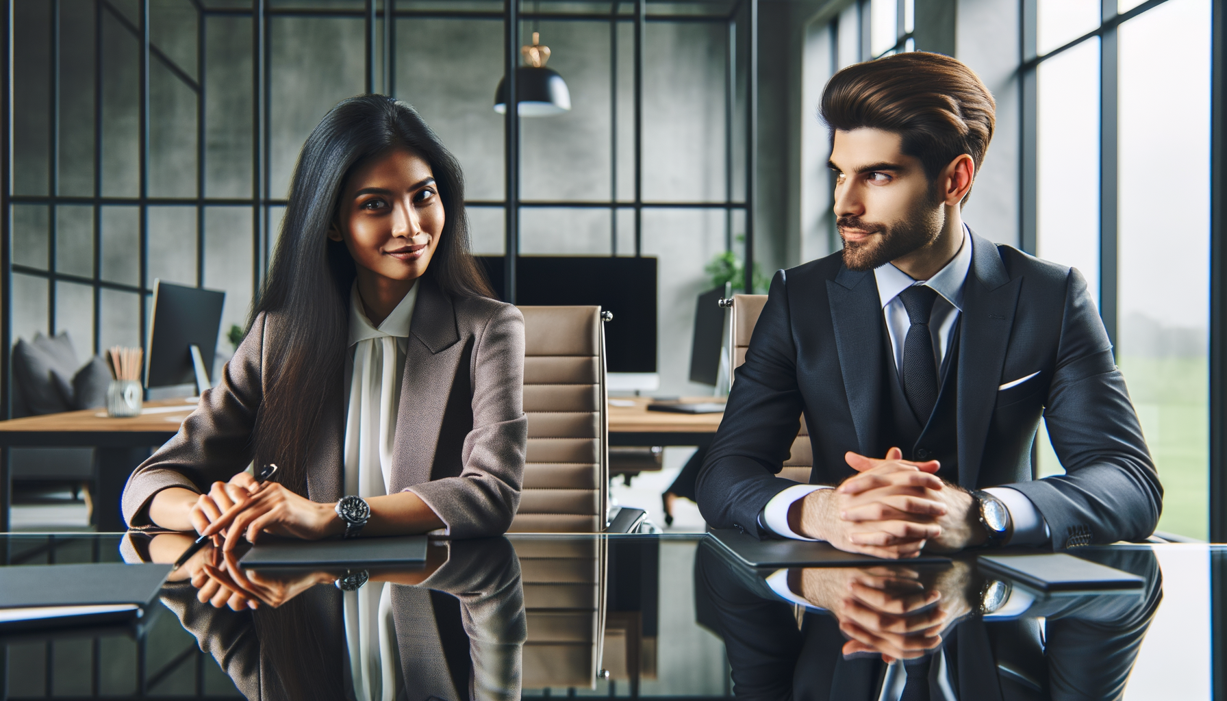 Dos colegas intercambiando una sonrisa pícara en una reunión de trabajo