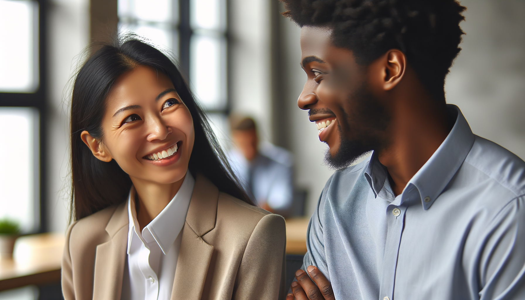 Dos colegas en oficina sonriendo y usando 'You bet'