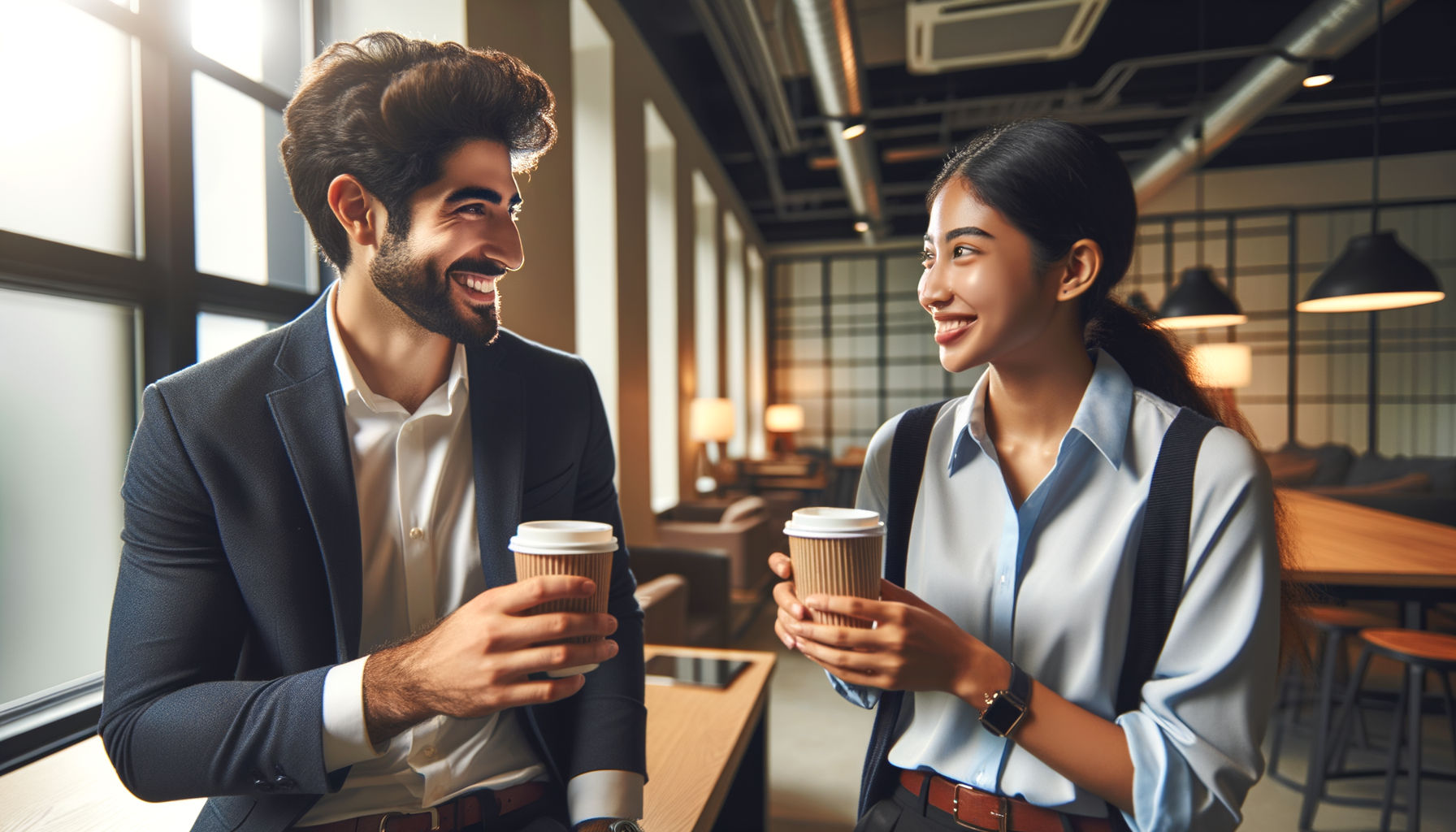 Dos colegas tomando un descanso para animarse después de una reunión difícil