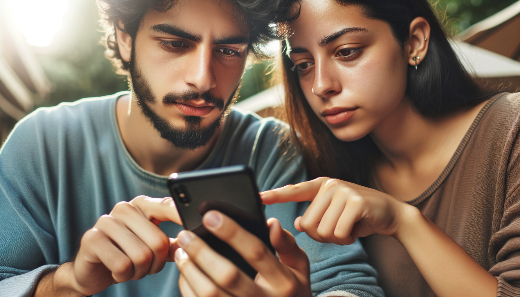 Dos amigos examinando un teléfono usado cuidadosamente