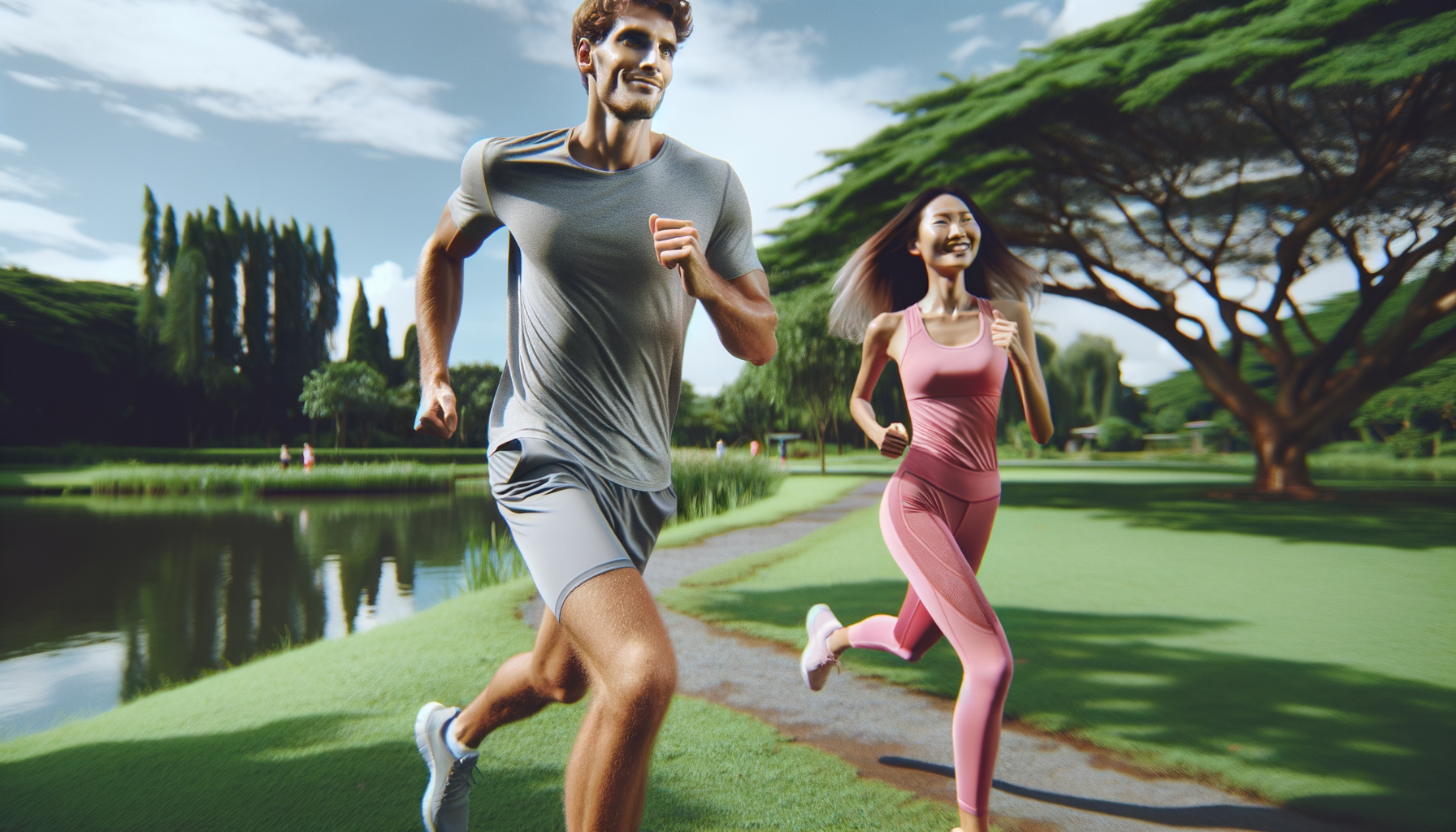 Dos amigos corriendo en el parque con uno adelantándose al otro