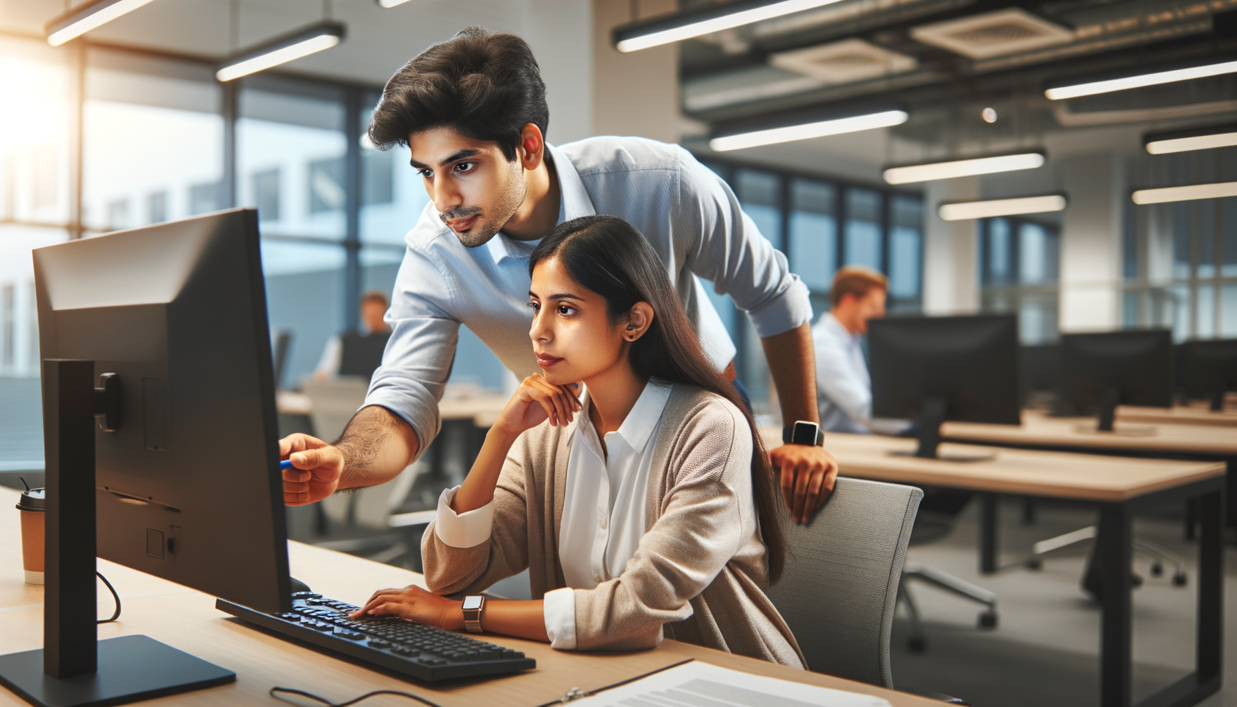 Trabajador ayudando a colega a resolver problema técnico