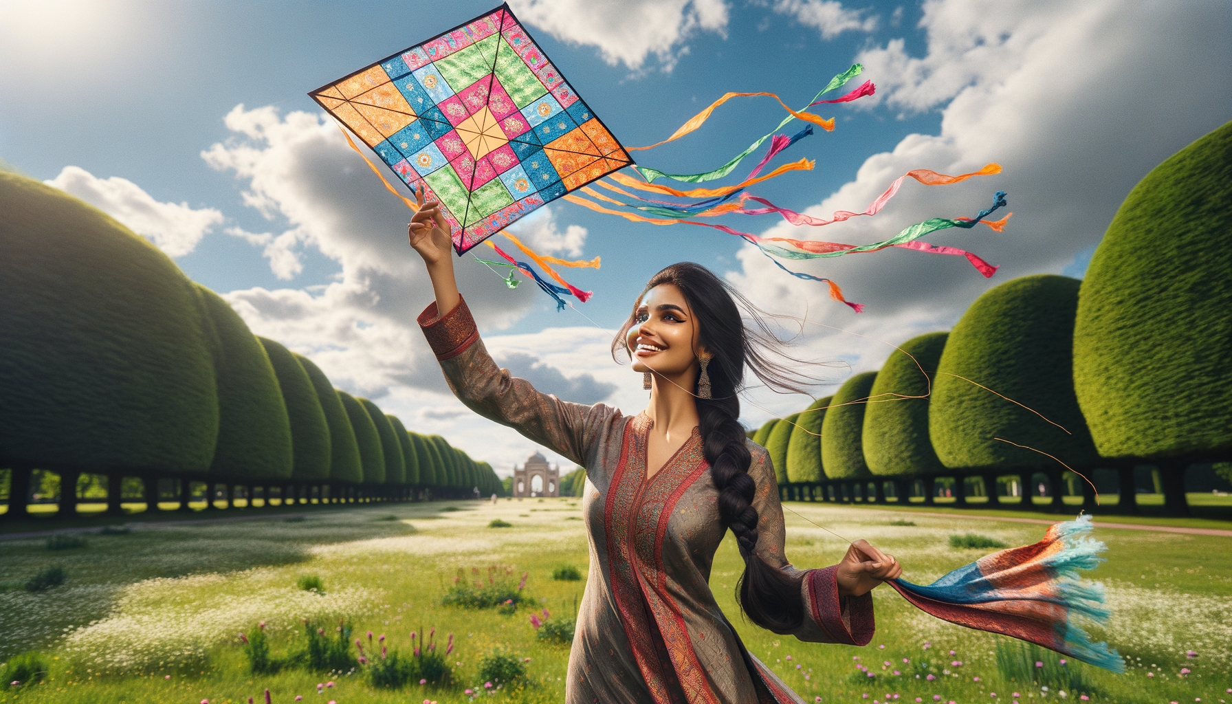 Persona volando una cometa en un día ventoso, aprovechando la naturaleza