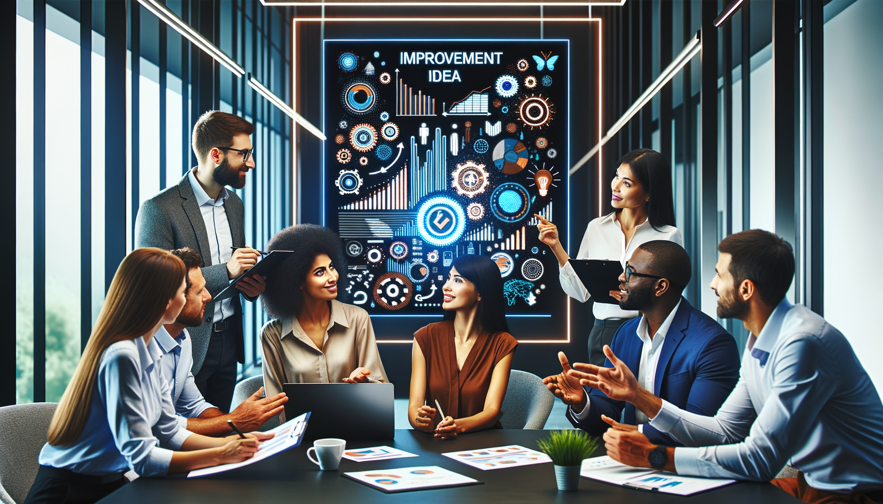 Equipo profesional refinando un plan de negocios en una oficina moderna