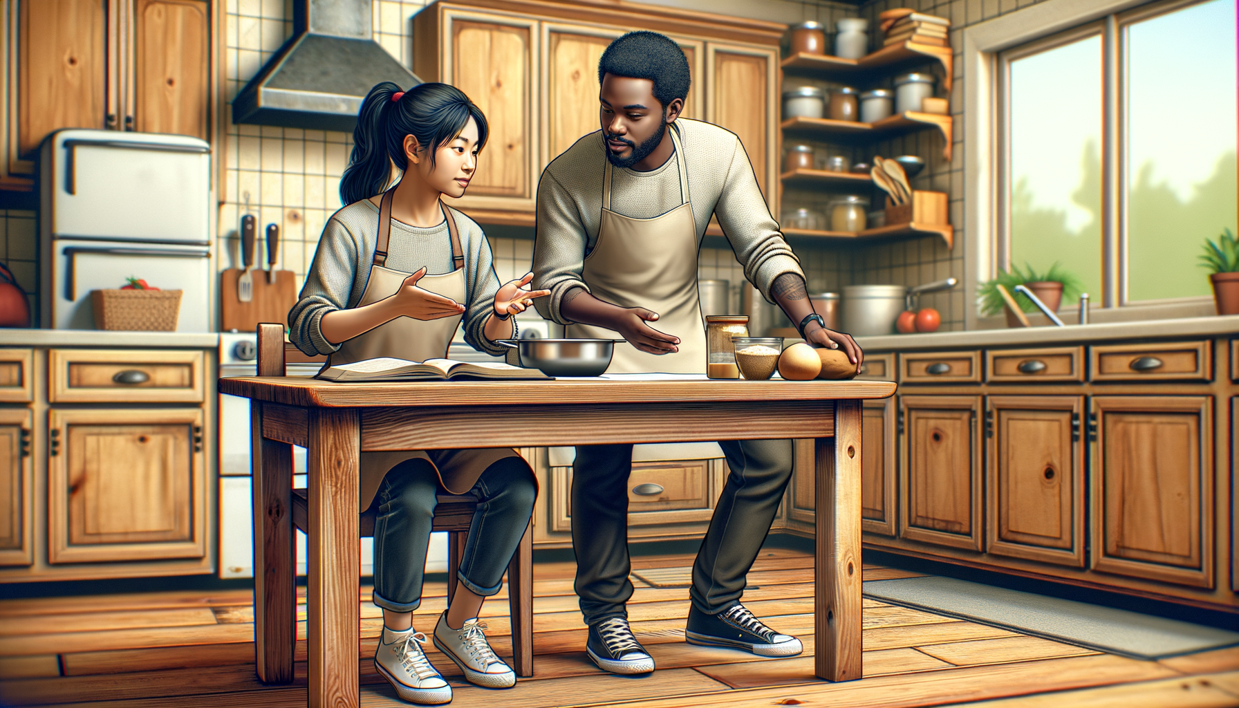 Amigos en la cocina explicando paso a paso con walk through