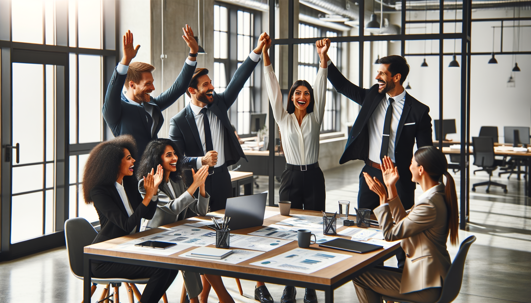 Equipo celebrando logro en oficina