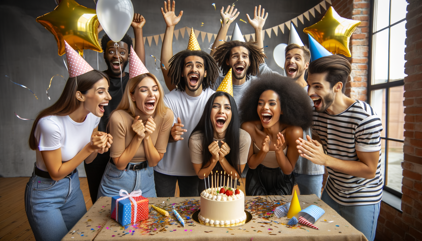 Fiesta sorpresa con amigos celebrando éxito